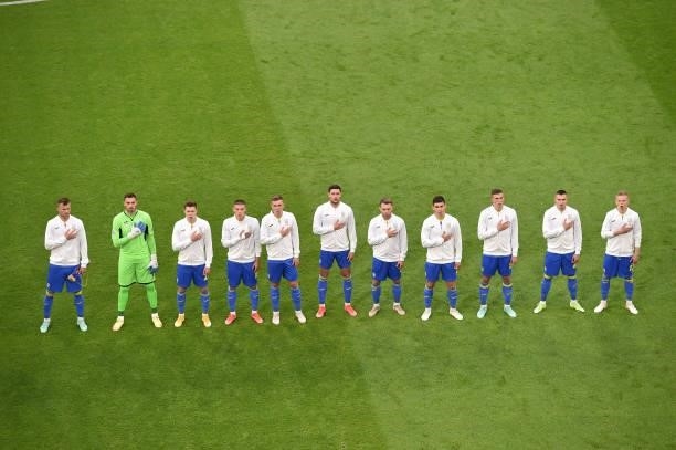 Players of Ukraine stand for the national anthem prior to the UEFA Euro 2020 Championship Group C match between Netherlands and Ukraine on June 13,...