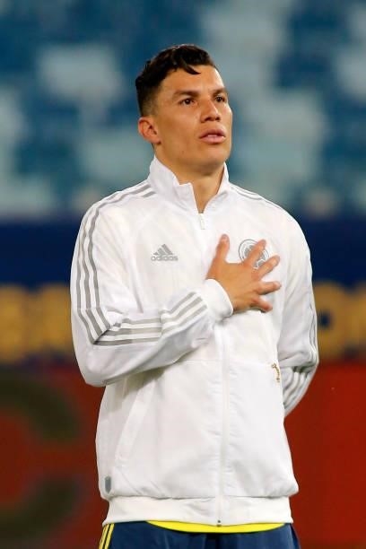 Mateus Uribe of Colombia sings his national anthem before a Group B match between Ecuador and Colombia at Arena Pantanal on June 13, 2021 in Cuiaba,...