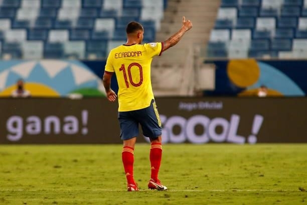 Edwin Cardona of Colombia celebrates after scoring the first goal of his team during a Group B match between Ecuador and Colombia at Arena Pantanal...