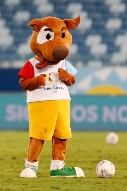 Pibe mascot of Copa America Brazil 2021 gestures during a Group B match between Ecuador and Colombia at Arena Pantanal on June 13, 2021 in Cuiaba,...