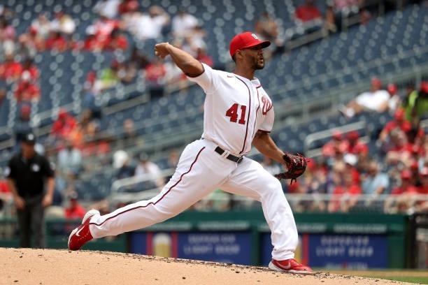 Joe Ross of the Washington Nationals pitches to a San Francisco Giants batter at Nationals Park on June 13, 2021 in Washington, DC.