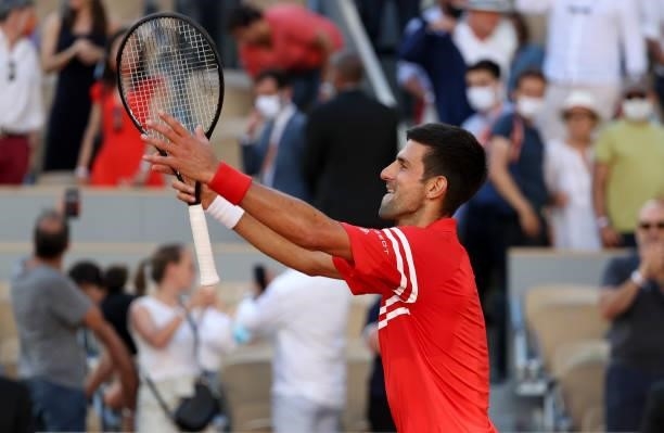 Novak Djokovic of Serbia celebrates winning the Men's Singles final on day 15 of the French Open 2021, Roland-Garros 2021, Grand Slam tennis...