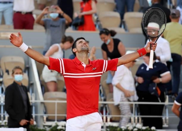 Novak Djokovic of Serbia celebrates winning the Men's Singles final on day 15 of the French Open 2021, Roland-Garros 2021, Grand Slam tennis...