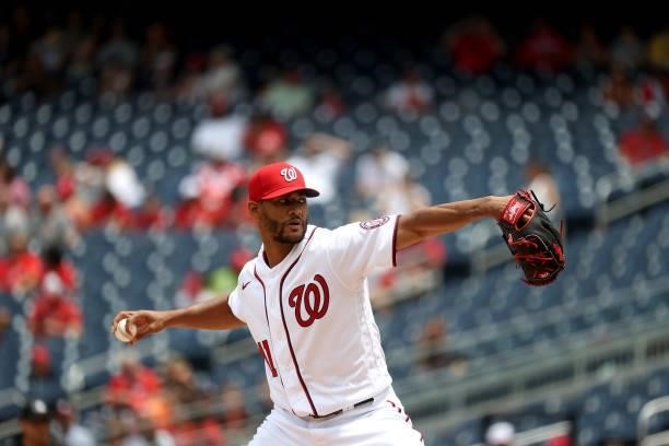 Joe Ross of the Washington Nationals pitches to a San Francisco Giants batter at Nationals Park on June 13, 2021 in Washington, DC.