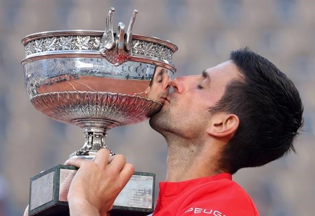 Winner Novak Djokovic of Serbia during the trophy ceremony for the Men's Singles final on day 15 of the French Open 2021, Roland-Garros 2021, Grand...