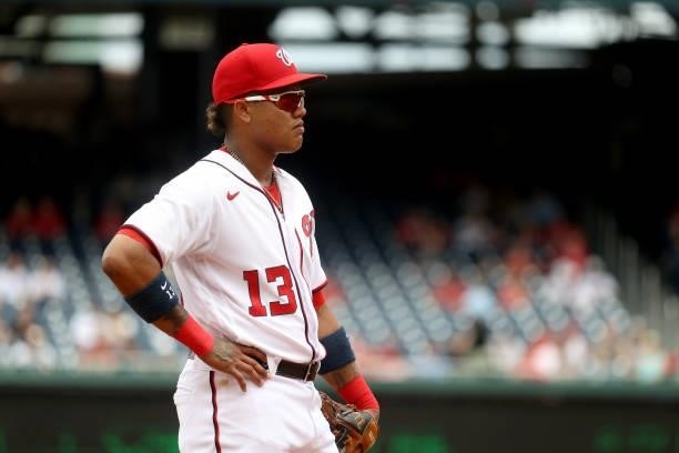 Third baseman Starlin Castro of the Washington Nationals looks on against the San Francisco Giants in the third inning at Nationals Park on June 13,...
