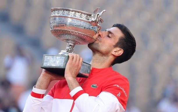 Winner Novak Djokovic of Serbia during the trophy ceremony for the Men's Singles final on day 15 of the French Open 2021, Roland-Garros 2021, Grand...