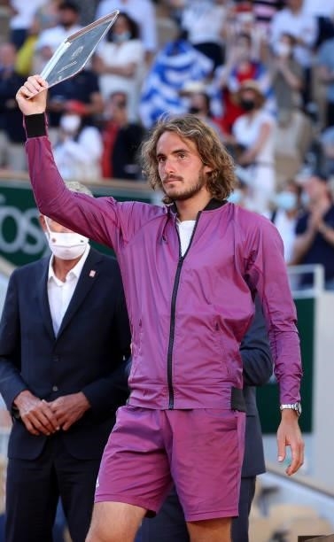 Finalist Stefanos Tsitsipas of Greece during the trophy ceremony for the Men's Singles final on day 15 of the French Open 2021, Roland-Garros 2021,...
