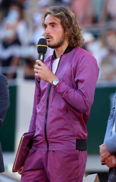 Finalist Stefanos Tsitsipas of Greece during the trophy ceremony for the Men's Singles final on day 15 of the French Open 2021, Roland-Garros 2021,...