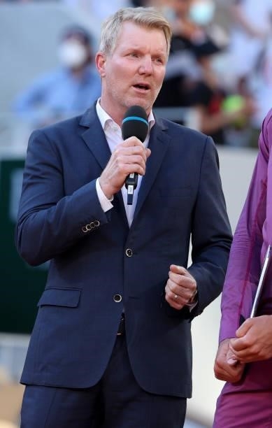 Jim Courier during the trophy ceremony of the Men's Singles final on day 15 of the French Open 2021, Roland-Garros 2021, Grand Slam tennis tournament...