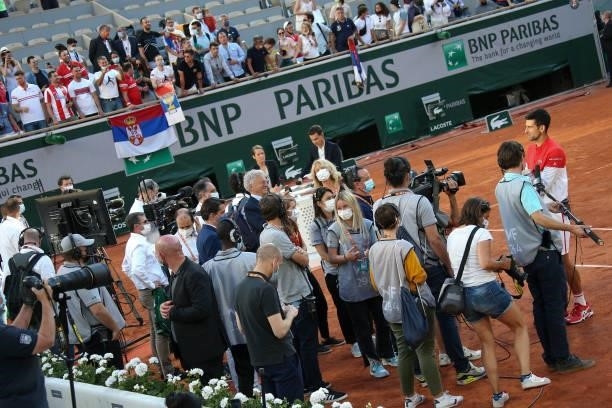 Novak Djokovic of Serbia answers to the media following his victory in the Men's Singles final on day 15 of the French Open 2021, Roland-Garros 2021,...