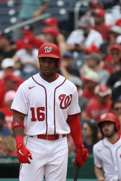 Victor Robles of the Washington Nationals waits to bat against the San Francisco Giants at Nationals Park on June 13, 2021 in Washington, DC.