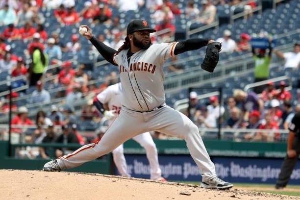 Starting pitcher Johnny Cueto of the San Francisco Giants throws to a Washington Nationals batter at Nationals Park on June 13, 2021 in Washington,...