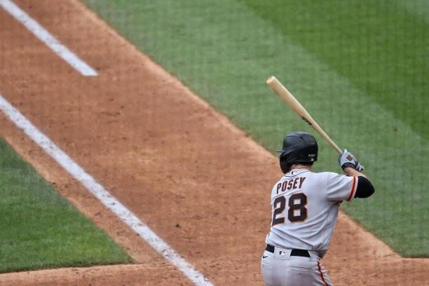 Buster Posey of the San Francisco Giants bats against the Washington Nationals at Nationals Park on June 13, 2021 in Washington, DC.