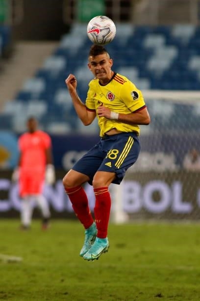Rafael Santos Borre of Colombia heads the ball during a Group B match between Ecuador and Colombia at Arena Pantanal on June 13, 2021 in Cuiaba,...