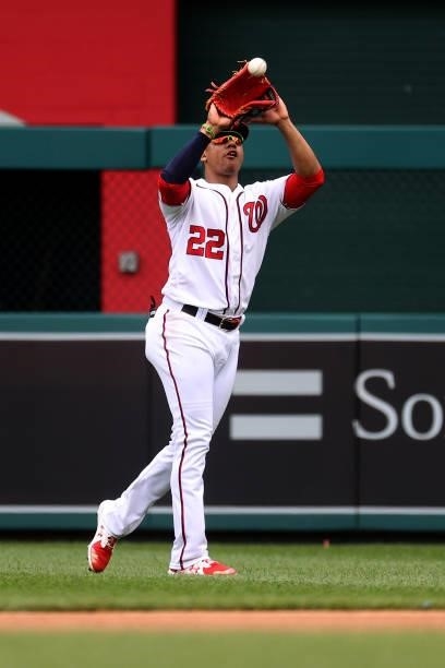Juan Soto of the Washington Nationals makes a catch against the San Francisco Giants at Nationals Park on June 13, 2021 in Washington, DC.