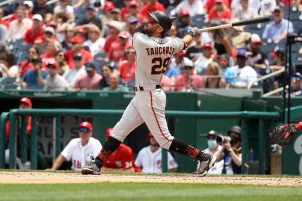 Mike Tauchman of the San Francisco Giants bats against the Washington Nationals at Nationals Park on June 13, 2021 in Washington, DC.