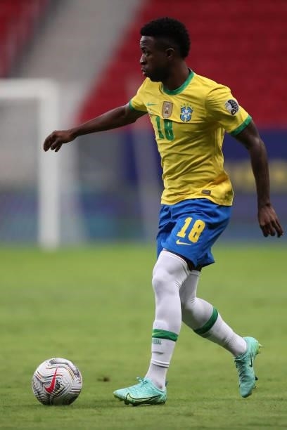 Vinicius Junior of Brazil controls the ball during a Group B match between Brazil and Venezuela as part of Copa America 2021 at Mane Garrincha...