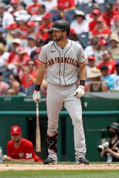 Steven Duggar of the San Francisco Giants bats against the Washington Nationals at Nationals Park on June 13, 2021 in Washington, DC.