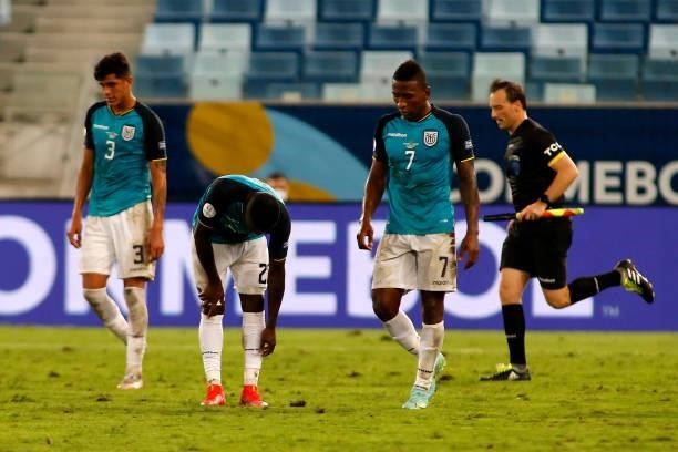 Pervis Estupiñan of Ecuador looks on after losing a Group B match between Ecuador and Colombia at Arena Pantanal on June 13, 2021 in Cuiaba, Brazil.