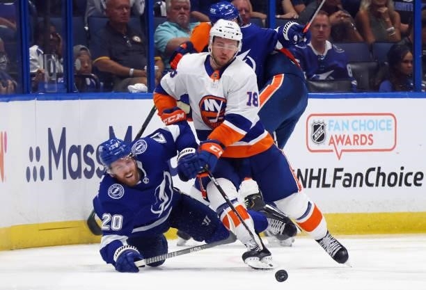 Anthony Beauvillier of the New York Islanders skates against Blake Coleman of the Tampa Bay Lightning in Game One of the Stanley Cup Semifinals...
