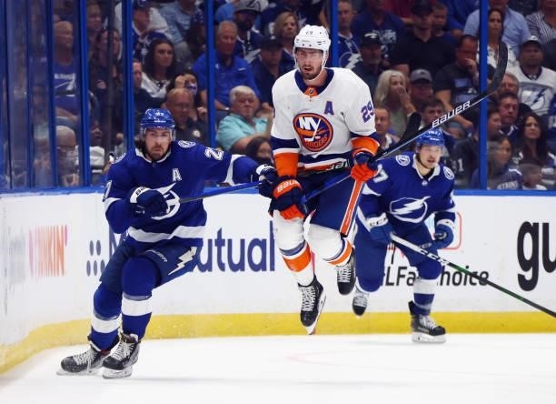 Brock Nelson of the New York Islanders skates against Ryan McDonagh of the Tampa Bay Lightning in Game One of the Stanley Cup Semifinals during the...