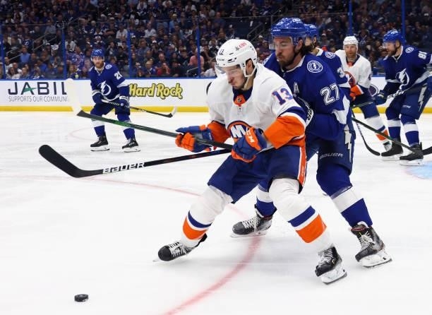 Mathew Barzal of the New York Islanders skates against the Tampa Bay Lightning in Game One of the Stanley Cup Semifinals during the 2021 Stanley Cup...