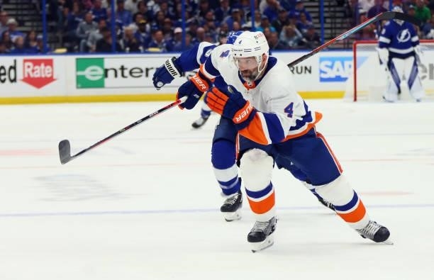 Andy Greene of the New York Islanders skates against the Tampa Bay Lightning in Game One of the Stanley Cup Semifinals during the 2021 Stanley Cup...