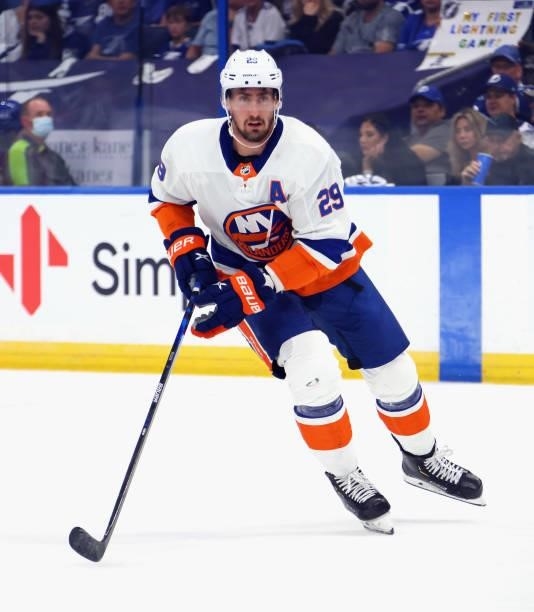 Brock Nelson of the New York Islanders skates against the Tampa Bay Lightning in Game One of the Stanley Cup Semifinals during the 2021 Stanley Cup...