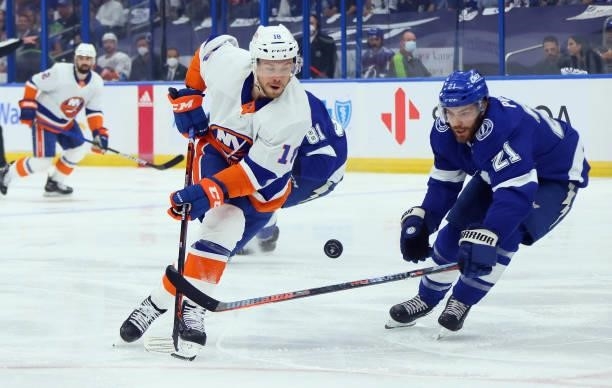 Anthony Beauvillier of the New York Islanders skates against Brayden Point of the Tampa Bay Lightning in Game One of the Stanley Cup Semifinals...