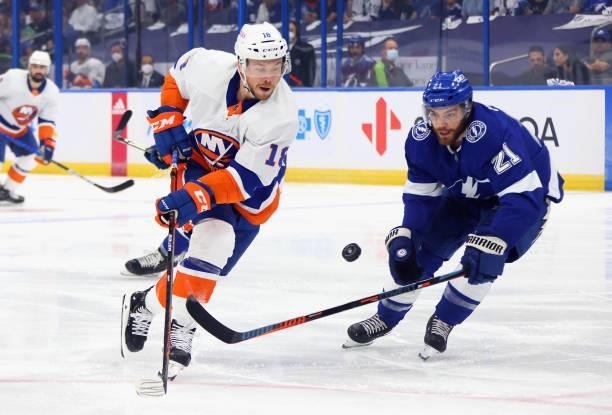 Anthony Beauvillier of the New York Islanders skates against Brayden Point of the Tampa Bay Lightning in Game One of the Stanley Cup Semifinals...