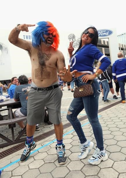 Fans arrive for the game between the Tampa Bay Lightning and the New York Islanders in Game One of the Stanley Cup Semifinals during the 2021 Stanley...