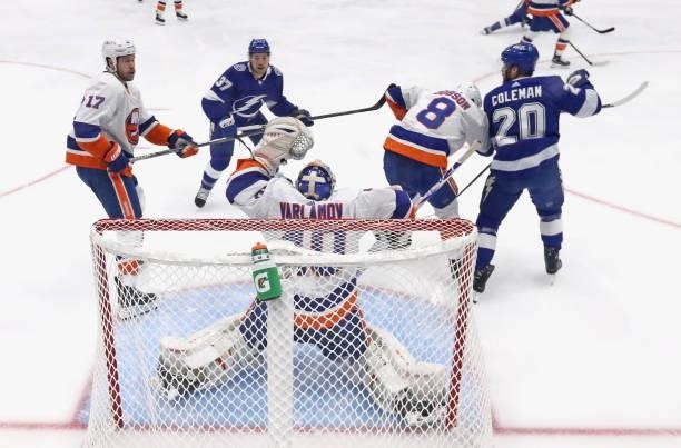 Semyon Varlamov of the New York Islanders tends net against the Tampa Bay Lightning in Game One of the Stanley Cup Semifinals during the 2021 Stanley...