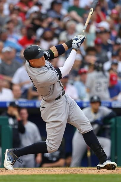 Aaron Judge of the New York Yankees in action against the Philadelphia Phillies during a game at Citizens Bank Park on June 12, 2021 in Philadelphia,...
