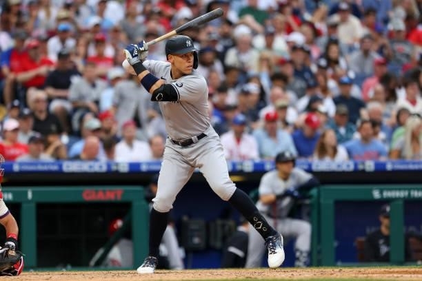 Aaron Judge of the New York Yankees in action against the Philadelphia Phillies during a game at Citizens Bank Park on June 12, 2021 in Philadelphia,...