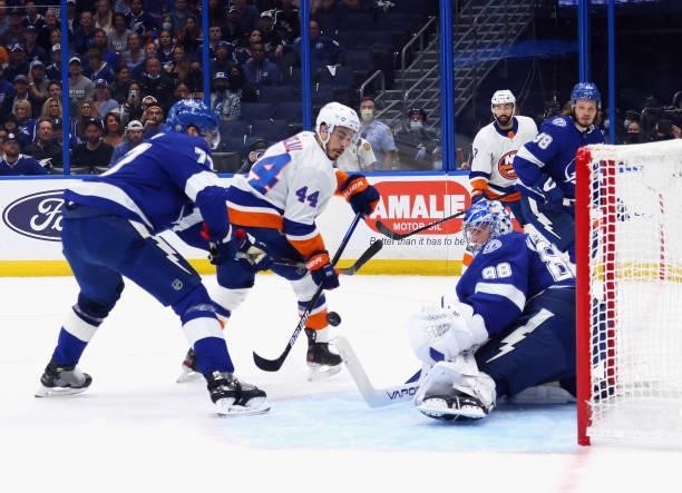 Jean-Gabriel Pageau of the New York Islanders skates against the Tampa Bay Lightning in Game One of the Stanley Cup Semifinals during the 2021...