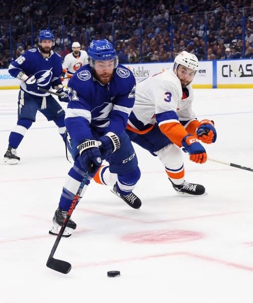 Brayden Point of the Tampa Bay Lightning skates against the New York Islanders in Game One of the Stanley Cup Semifinals during the 2021 Stanley Cup...