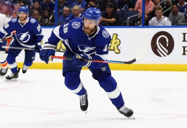 Barclay Goodrow of the Tampa Bay Lightning skates against the New York Islanders in Game One of the Stanley Cup Semifinals during the 2021 Stanley...