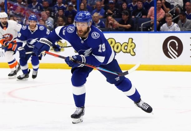 Barclay Goodrow of the Tampa Bay Lightning skates against the New York Islanders in Game One of the Stanley Cup Semifinals during the 2021 Stanley...