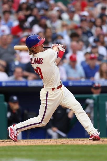 Luke Williams of the Philadelphia Phillies in action against the New York Yankees during a game at Citizens Bank Park on June 12, 2021 in...