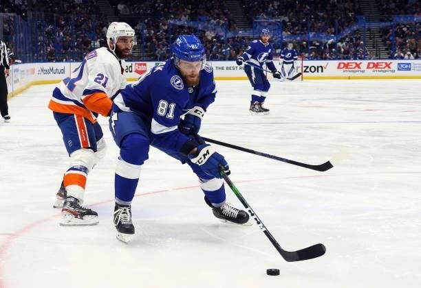 Erik Cernak of the Tampa Bay Lightning skates against the New York Islanders in Game One of the Stanley Cup Semifinals during the 2021 Stanley Cup...