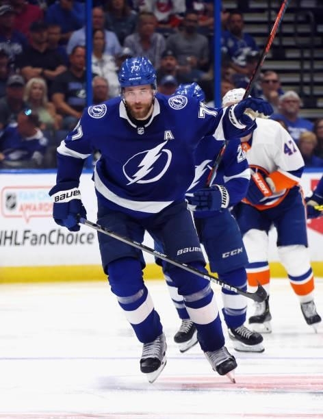 Victor Hedman of the Tampa Bay Lightning skates against the New York Islanders in Game One of the Stanley Cup Semifinals during the 2021 Stanley Cup...