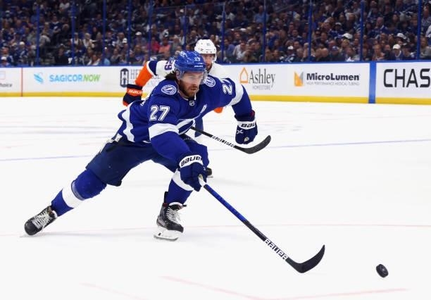 Ryan McDonagh of the Tampa Bay Lightning skates against the New York Islanders in Game One of the Stanley Cup Semifinals during the 2021 Stanley Cup...