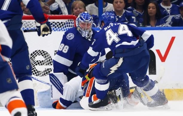 Mathew Barzal of the New York Islanders scores a second period goal against Andrei Vasilevskiy of the Tampa Bay Lightning in Game One of the Stanley...