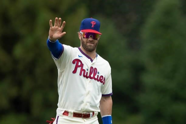 Bryce Harper of the Philadelphia Phillies waves prior to the game against the New York Yankees at Citizens Bank Park on June 13, 2021 in...