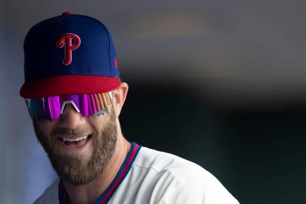 Bryce Harper of the Philadelphia Phillies smiles against the New York Yankees at Citizens Bank Park on June 13, 2021 in Philadelphia, Pennsylvania....