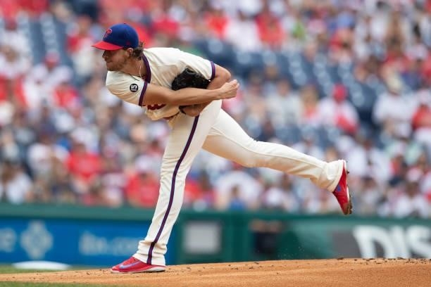 Aaron Nola of the Philadelphia Phillies throws a pitch against the New York Yankees at Citizens Bank Park on June 13, 2021 in Philadelphia,...