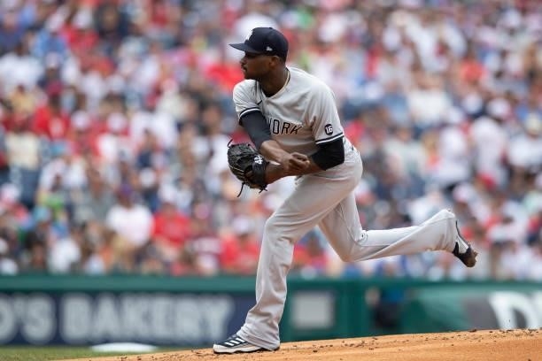 Domingo German of the New York Yankees throws a pitch against the Philadelphia Phillies at Citizens Bank Park on June 13, 2021 in Philadelphia,...