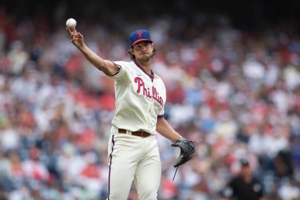 Aaron Nola of the Philadelphia Phillies throws the ball to first base against the New York Yankees at Citizens Bank Park on June 13, 2021 in...