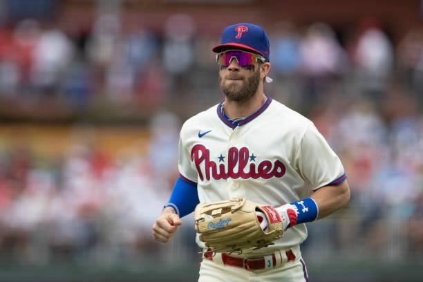 Bryce Harper of the Philadelphia Phillies makes his way back to the dugout against the New York Yankees at Citizens Bank Park on June 13, 2021 in...